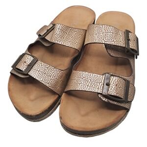 Corkys Metallic Bronze Croc-Embossed Double Buckle Sandals